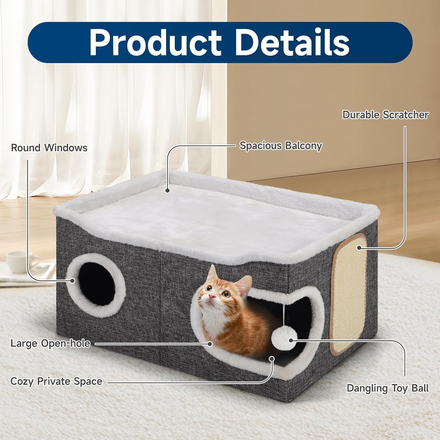 Cat Beds for Indoor Cats, Extra Wide Cat Cube House for Multi Cats, Foldable Cat Cave Hideaway with Arc-Edge Design & Oval Door, Double-Side Soft Cushion for All Seasons, 24"L x 17.7"D x 12.6"H, Grey - Pet Explorer