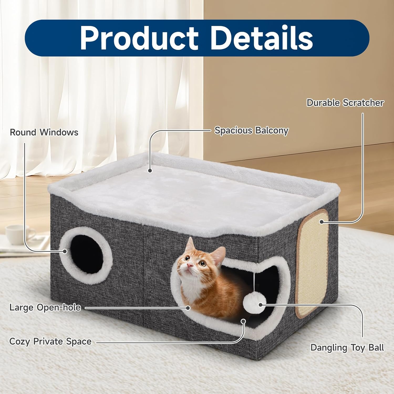 Cat Beds for Indoor Cats, Extra Wide Cat Cube House for Multi Cats, Foldable Cat Cave Hideaway with Arc-Edge Design & Oval Door, Double-Side Soft Cushion for All Seasons, 24"L x 17.7"D x 12.6"H, Grey - Pet Explorer
