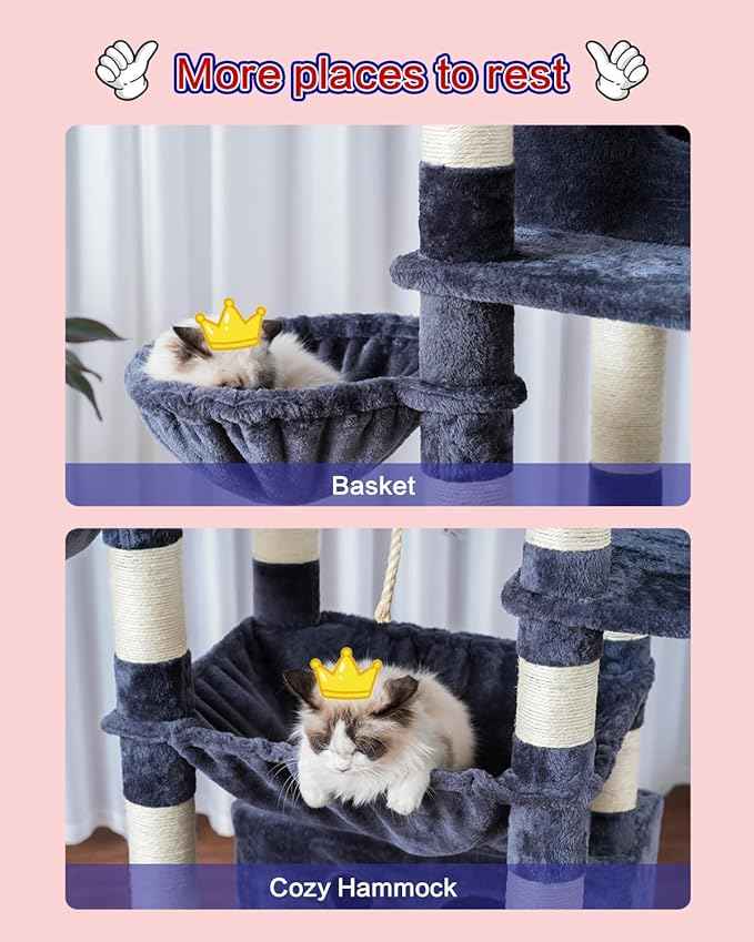 Cat Tree for Indoor Cats Large Adult, 74" Cat Tower with 3 Big Platforms, 2 Baskets, 2 Condos, Multi-Level Cat Scratching Posts, Smoky Gray GCT030G