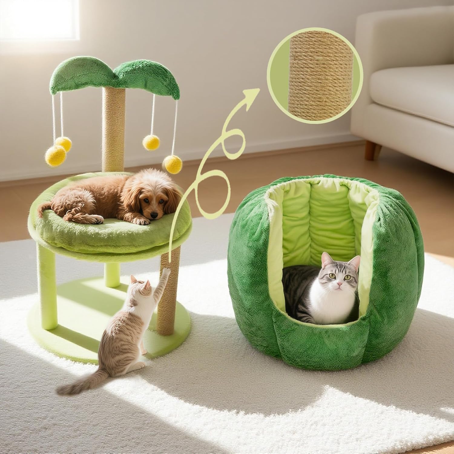 Cat Houses for Indoor Cats, Small Cat Tree with Sisal Ropes and Plush Perch, Cute Cat Bed Cave with Soft Pillow, Coconut Palm Design - Pet Explorer