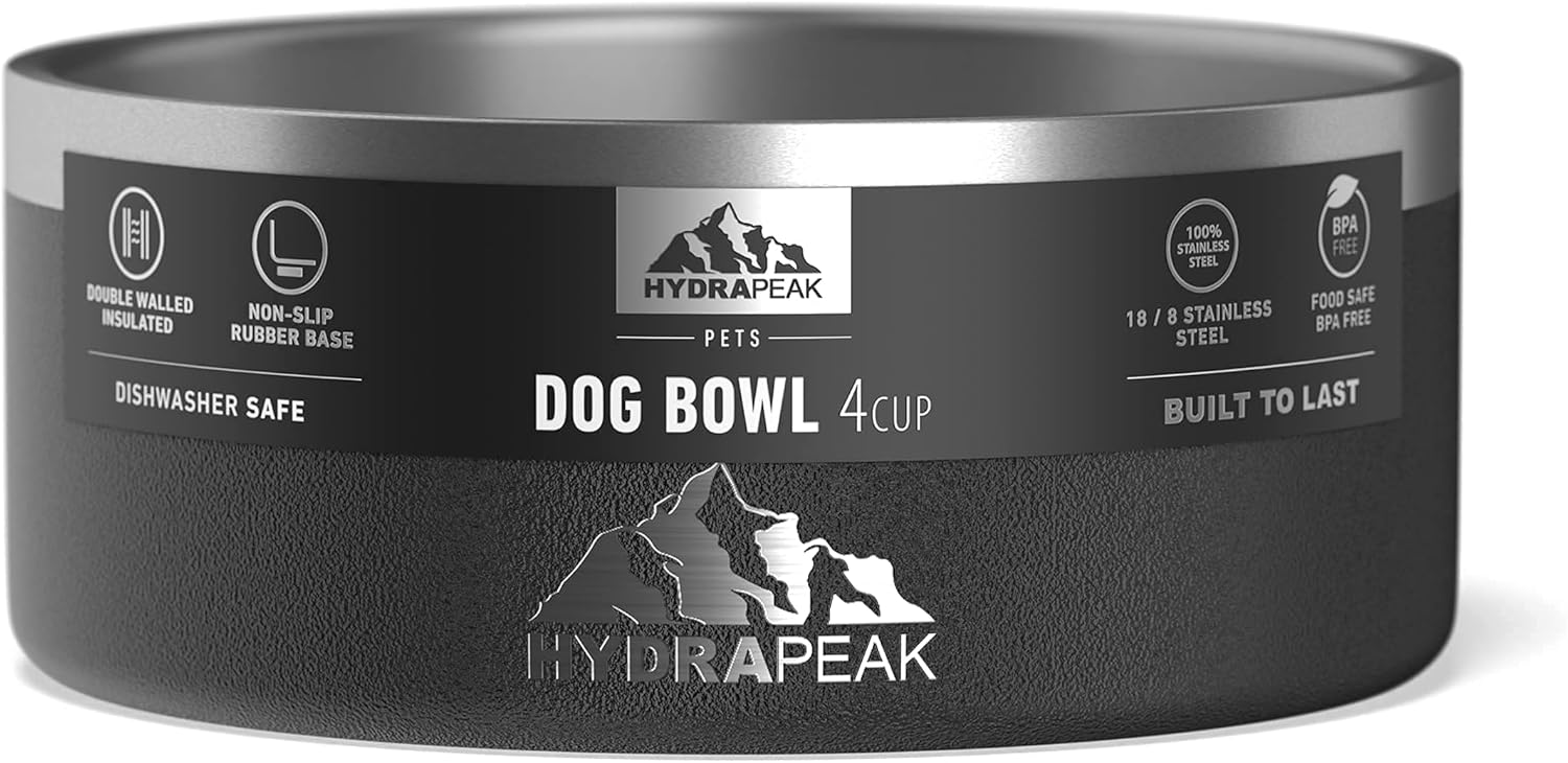 Hydrapeak Dog Bowl; Non Slip Stainless Steel; Water and Food Dish; Large Sized and Small Dogs; 32oz 64oz; Multiple Sizes; 4 Cup | Black - Pet Explorer