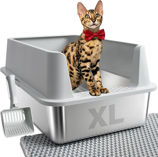 Stainless Steel Cat Litter Box with Lid, XL Extra Large Litter Box for Big Cats, Metal Litter Box with High Sides, Non-Stick Kitty Cat Box, Anti-Urine Leakage, Easy Cleaning, Include Scoop and Mat