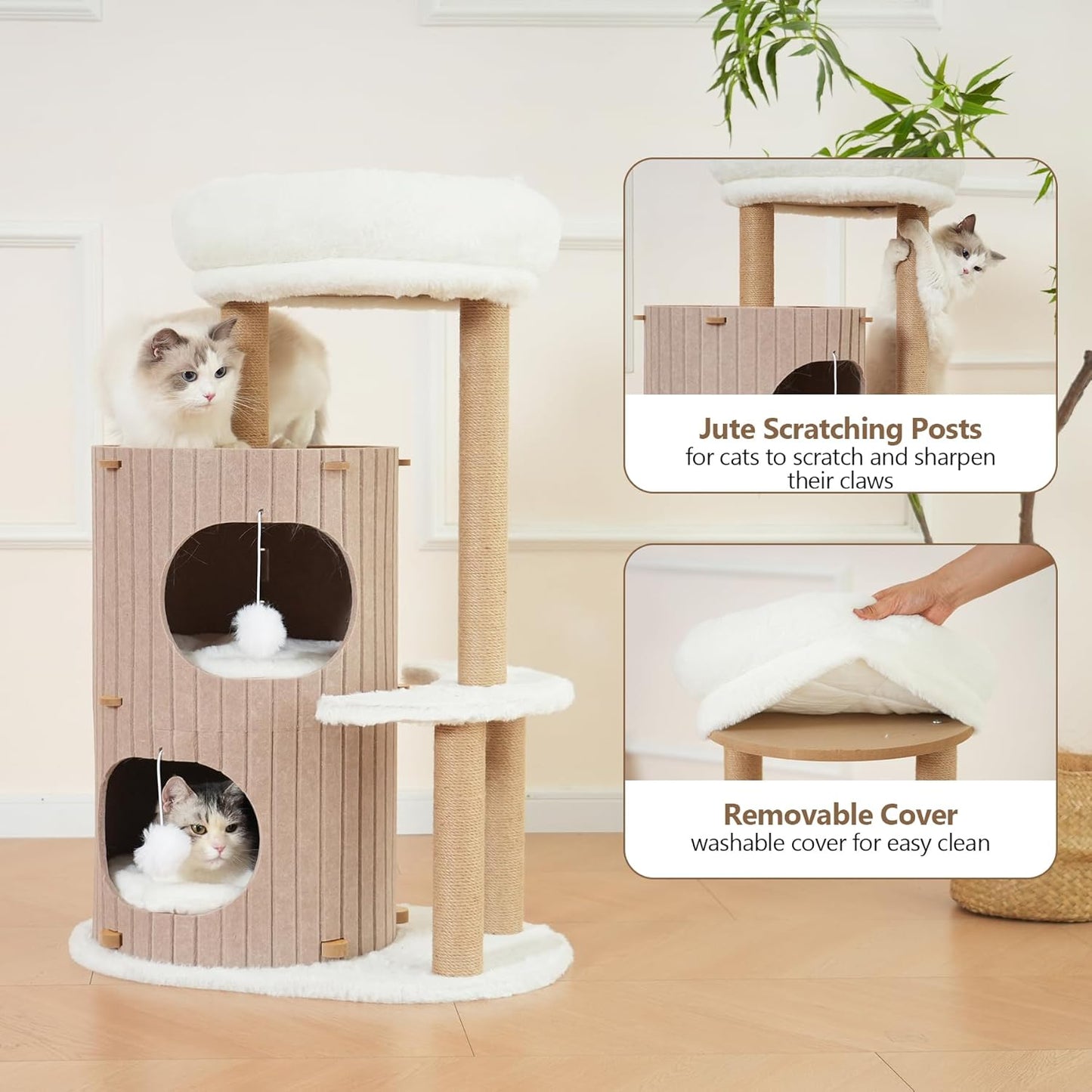 Cat Tree Tower with 2-Storey Large Felt Cat Bed Cave, Cozy Cats Tunnel Condo with Washable Cushions, 36.6" - Pet Explorer