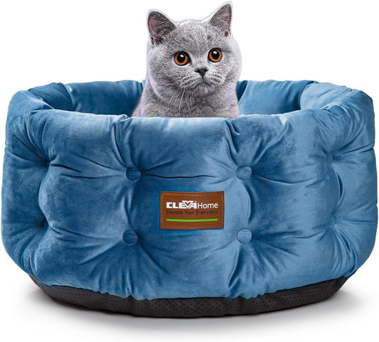 ClevaHome Deep Nest Cat Bed for Small Pets up to 15lbs - Round Cat Beds for Indoor Cats, Luxurious Velvet Feel, Extra High Sides, Machine Washable Comfort Pet Bed with Non-Slip Bottom (Steel Blue) - Pet Explorer