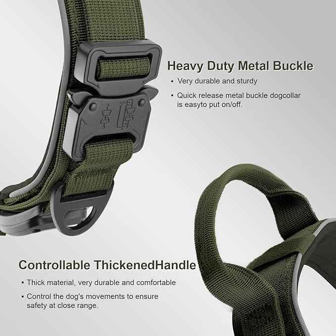 2026 Upgrade Dog Collar with IPX8 Waterproof AirTag Holder,Military Tactical Comfortable Control Handle and Ultra-Durable Metal Buckle/Night Reflective,GPS Collar for Medium to Large Dog（ArmyGreen/M）
