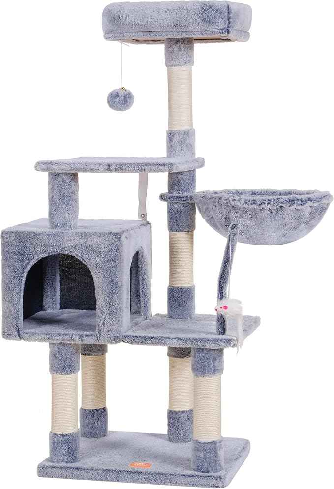 Heybly Cat Tree with Toy, Cat Tower Condo for Indoor Cats, Cat House with Padded Plush Perch, Cozy Hammock and Sisal Scratching Posts, Pewter HCT004PE