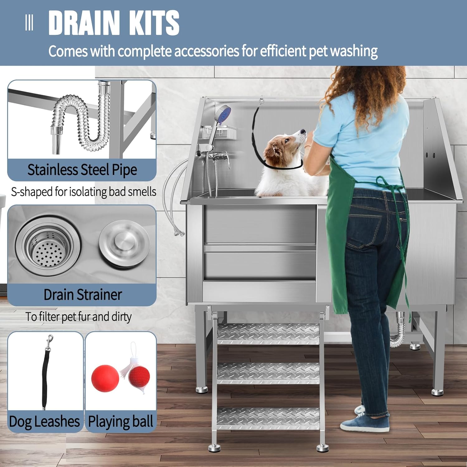 50" Dog Washing Station, Professional Stainless Steel Dog Bathing Station, Equipped/W Three Anti-Slip Steps, Removable Door, Upgraded Spray Nozzle&Hose - for Home, Pet Grooming Salon (50" Left ramp) - Pet Explorer