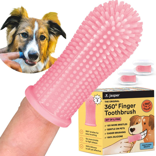 Jasper Dog Toothbrush, 360º Dog Tooth Brushing Kit, Cat Toothbrush, Dog Teeth Cleaning, Dog Finger Toothbrush, Dog Tooth Brush for Small & Large Pets, Dog Toothpaste Not Included - Pink 2-Pack - Pet Explorer