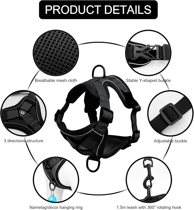 Cat Harness and Leash Set: Upgraded Escape Proof Vest with Lead for Large Cat Small Dog Puppy Walking, Soft Jacket Reflective Strips, Black (M)