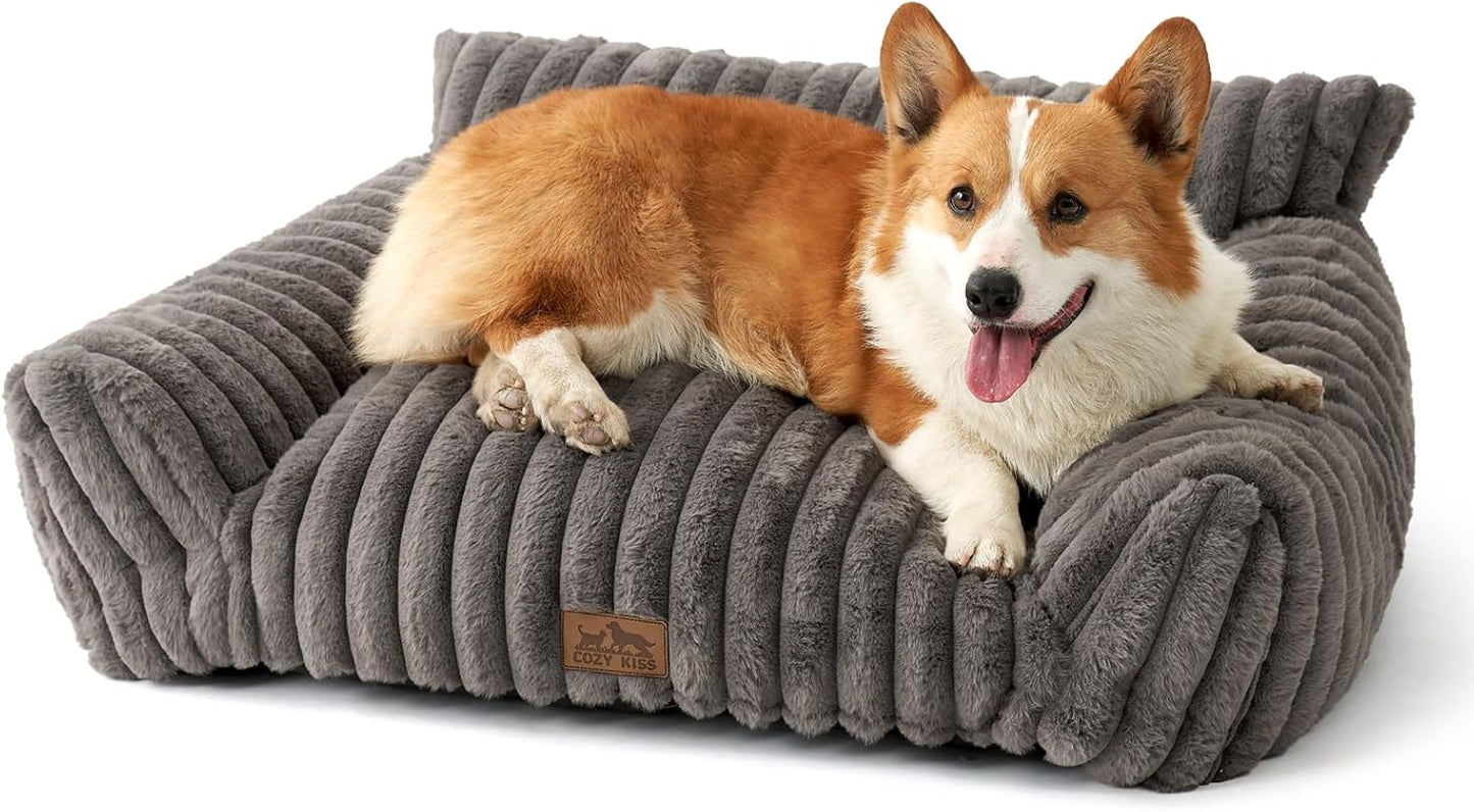 Cute Cat Couch, Premium Plush Faux Fur Pet Couch Bed, Ultra-Soft Pet Furniture for Cats & Small Dogs (Grey, M: 31.5''x23.5'') - Pet Explorer