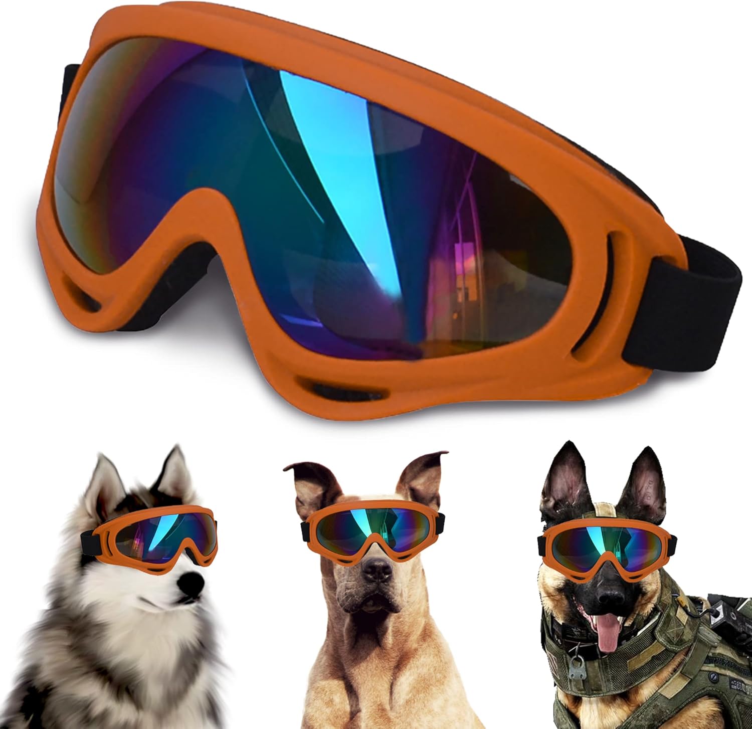 Large Dog Sunglasses With Adjustable Strap UV Protection, Windproof Puppy Eyewear, Suitable for Medium-Large Pets, Eyes Protection, Soft Goggles (Orange Frame) - Pet Explorer
