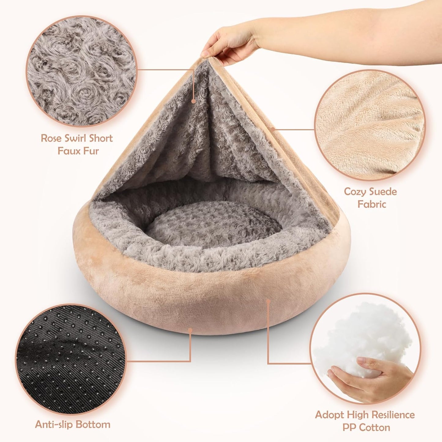 JOEJOY Small Dog Cat Bed With Hooded Blanket, Cozy Cuddler Luxury Puppy Pet Donut Round Calming Anti-Anxiety Burrow Cave - Anti-Slip Bottom, Machine Washable, 23 Inch - Pet Explorer