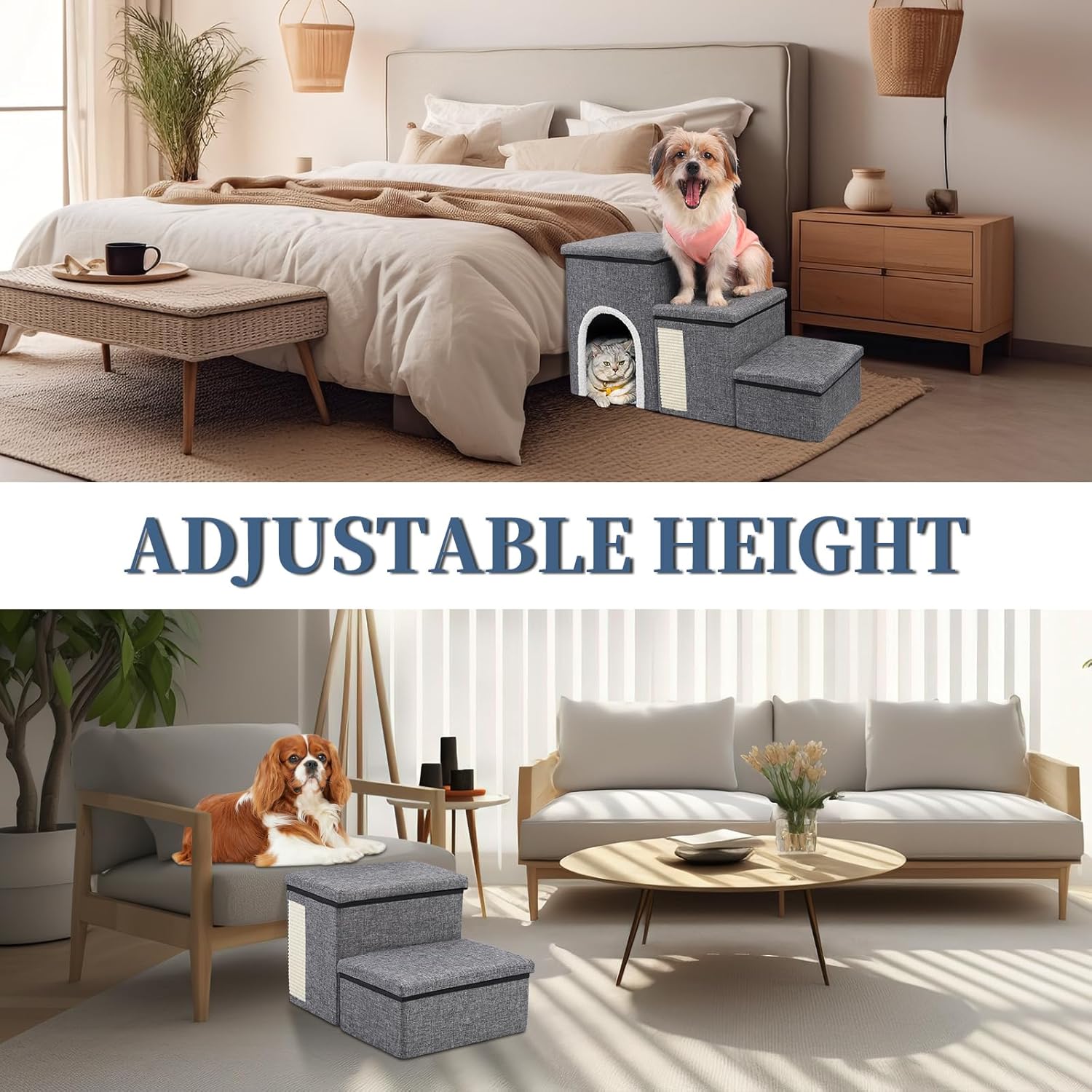 Dog Stairs for High Bed and Couch, 4 IN 1 Foldable Pet Stairs for Cats & Small and Medium Dogs, Adjustable Dog Steps with Pet Climbing Ladders/Cozy Condo/Storage Boxes/Cat Scratcher, Hold Up to 180LBS - Pet Explorer