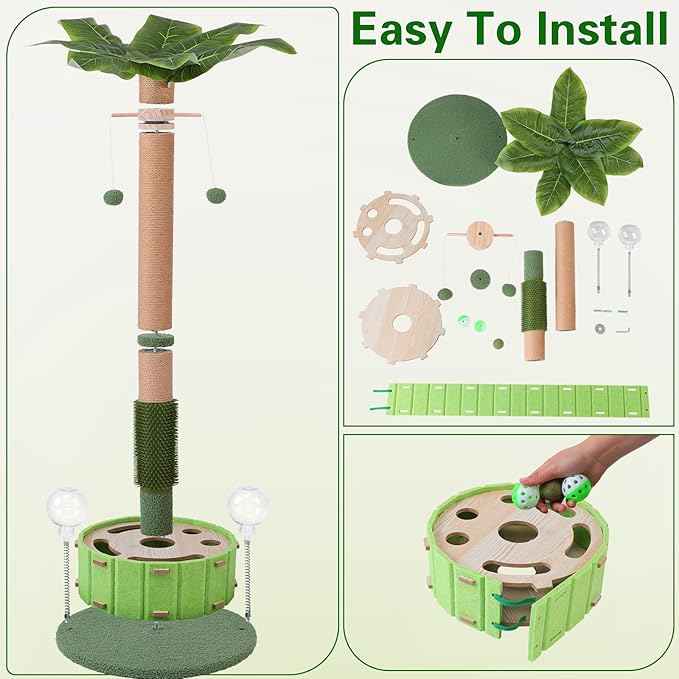 40" Tall Cat Scratching Post, Scratching Posts for Indoor Cats Adults and Kittens with Rotating Hanging Ball, Interactive Cat Puzzle Toy and Spring Cat Treat Dispenser, Palm Tree Scratch Post for Cats