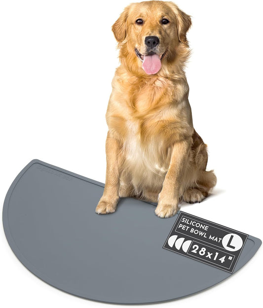 Waterproof Silicone Pet Food Mat - Non-Slip Spill-Proof Feeding Mats for Floors, Raised Edge Design, Easy-to-Clean Rubber Mat for Dog & Cat Bowls, 28" Across x 14" Deep, Large-Charcoal - Pet Explorer