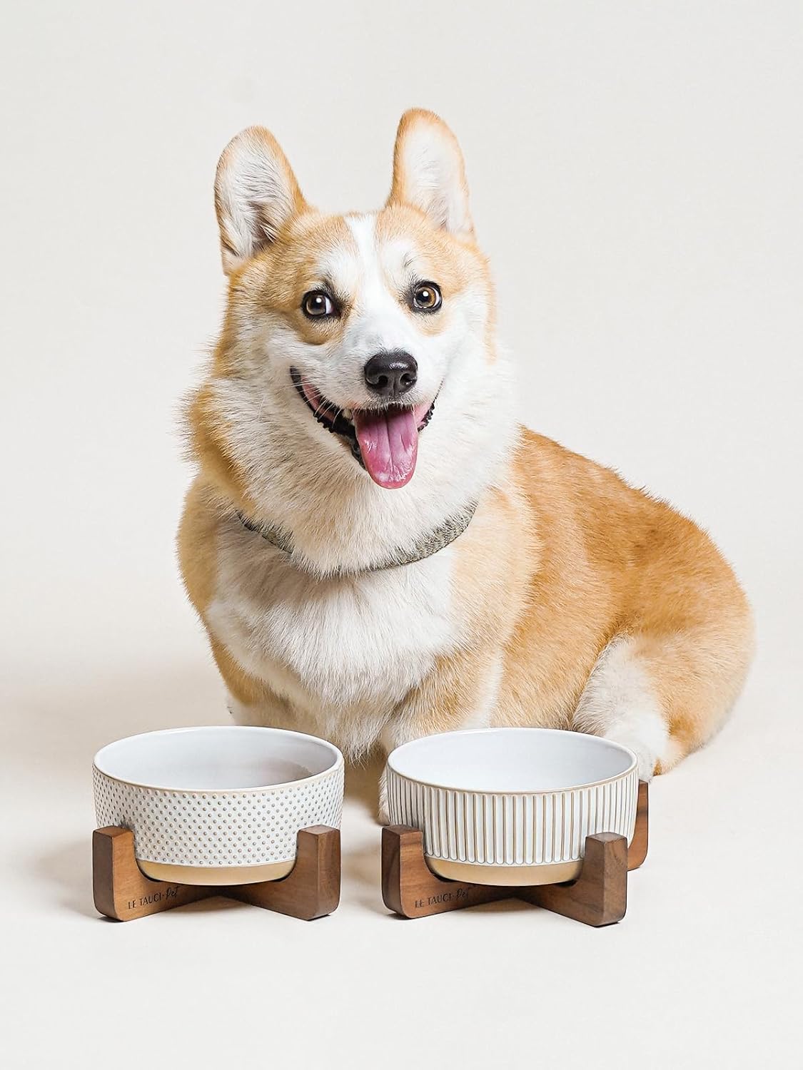 Ceramic Dog Bowls for Medium Small Dogs - 4 Cup Medium Dog Food and Water Bowls with Wood Stand, Cute Pet Dishes Set of 2, Lines+Dot - Pet Explorer