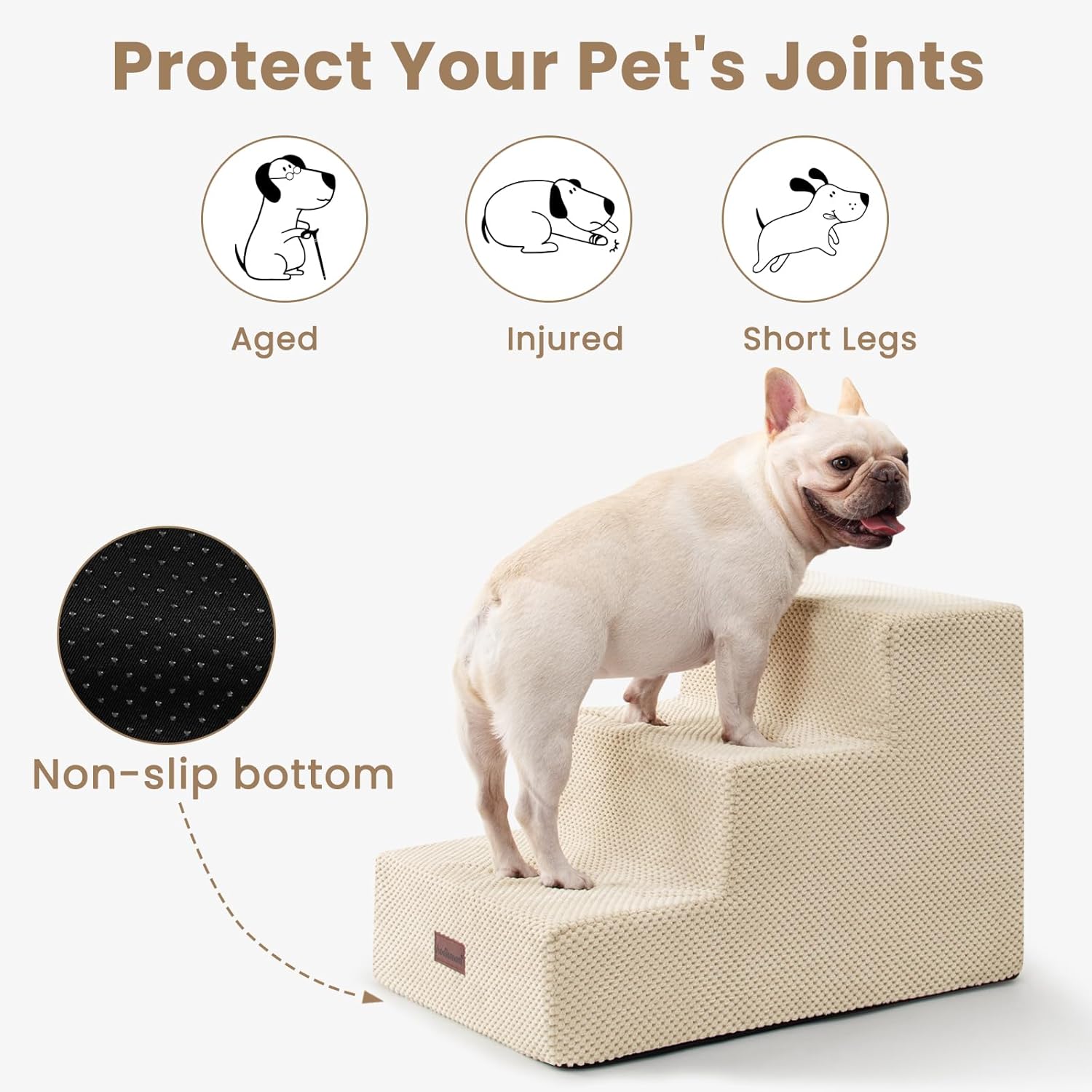 Dog Stairs for Small Dogs & Cats, 3-Step Extra Wide Non-Slip Pet Steps for Couch Sofa and Chair, Beige, 15.7" H - Pet Explorer