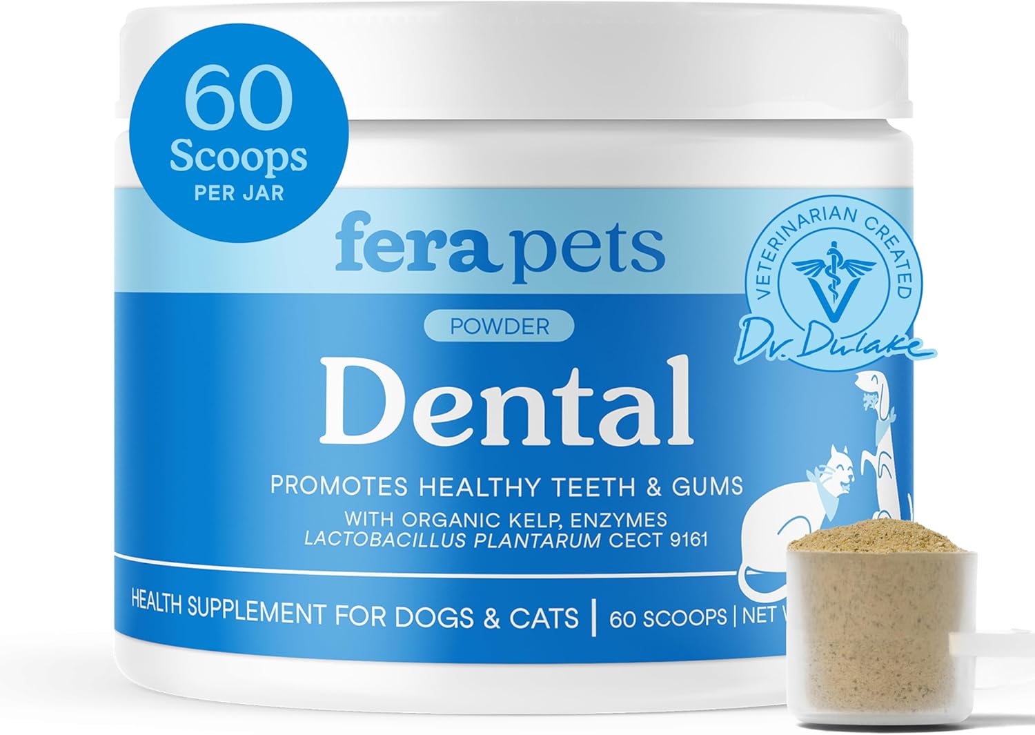 Fera Pets Cat & Dog Dental Support Powder - Supports Fresh Breath - Promotes Healthy Teeth and Gums - Targets Tartar Build-Up - Includes Kelp, Enzymes & Postbiotics - 60 Scoops - Pet Explorer