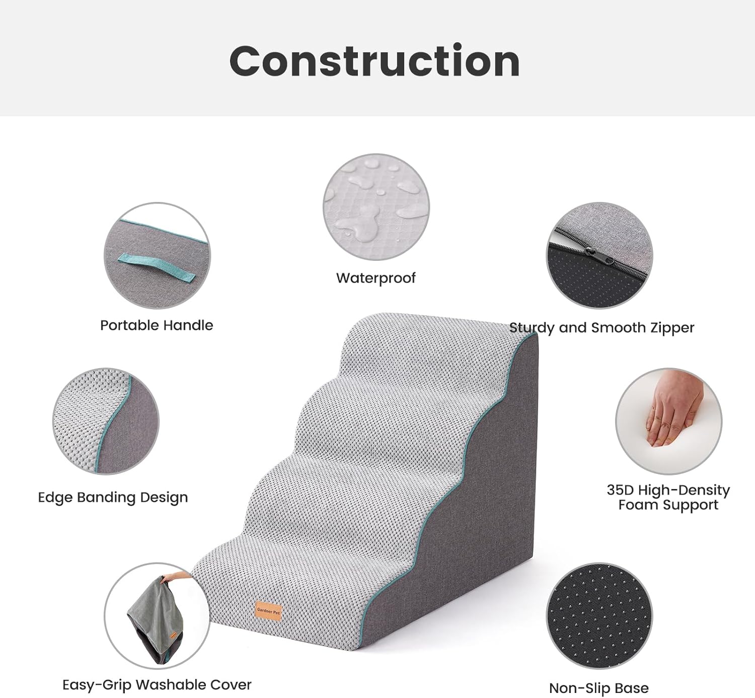 Gardner Pet Dog Stairs for Small Dogs 19.7" H, Curved 4-Step Pet Stairs, Dog Steps for High Bed (18-24 in), Couch with Durable Non-Slip Waterproof Fabric Cover and CertiPUR-US Certified Foam - Pet Explorer