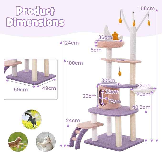 PETSITE Star and Moon-Themed Cat Tree Tower, Multi-Level Modern Cat Tower with Sisal Scratching Posts, Cat Condo, Side Hammock, Hanging Dangling Toys, Cute Cat Tree for Indoor Cats (62 Inch Tall)