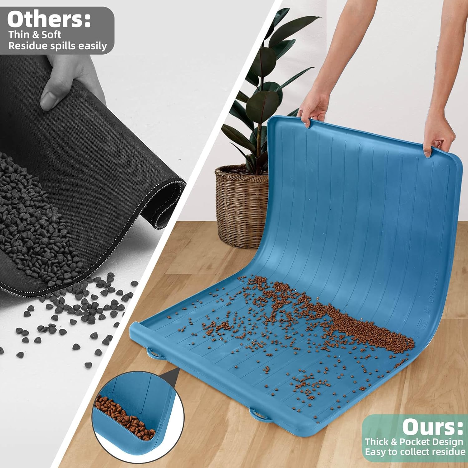 Dog Mat for Food and Water - 39.4" x 27" Large Pet Feeding Mats with Residue Collection Pocket - Waterproof Dog Cat Bowl Mat with High Edges to Prevent Water and Food Spills (Navy) - Pet Explorer