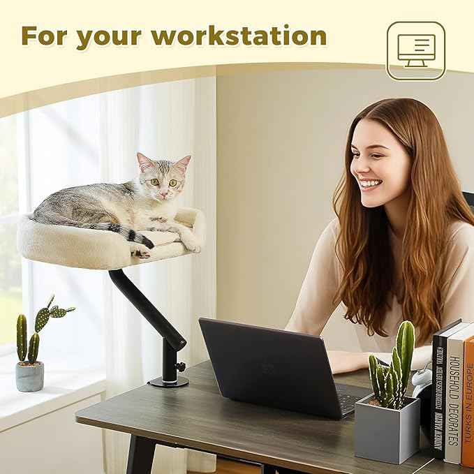 PAWZ Road Cat Desk Bed for Indoor Cats, Cat Bed for Desk Supports Up to 50 lbs, 360° Rotation & Adjustable, Nest Desktop Attachment Cats Hammock for Table, White