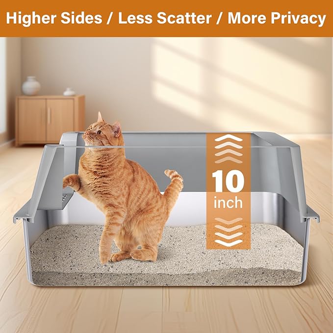 XL Stainless Steel Litter Box 2 Pack, Extra Large High Sided Metal Cat Litter Box with Lid, Scooper & Mat, Easy Clean, Non Stick & No Smell