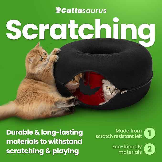 Cattasaurus Unique Gothic Peekaboo Cat Cave for Multiple & Large Cats Up to 30-45 Lbs, Scratch Detachable & Washable Tunnel Bed, Comfy Donut Cat Cave (Gothic Bat, Large)