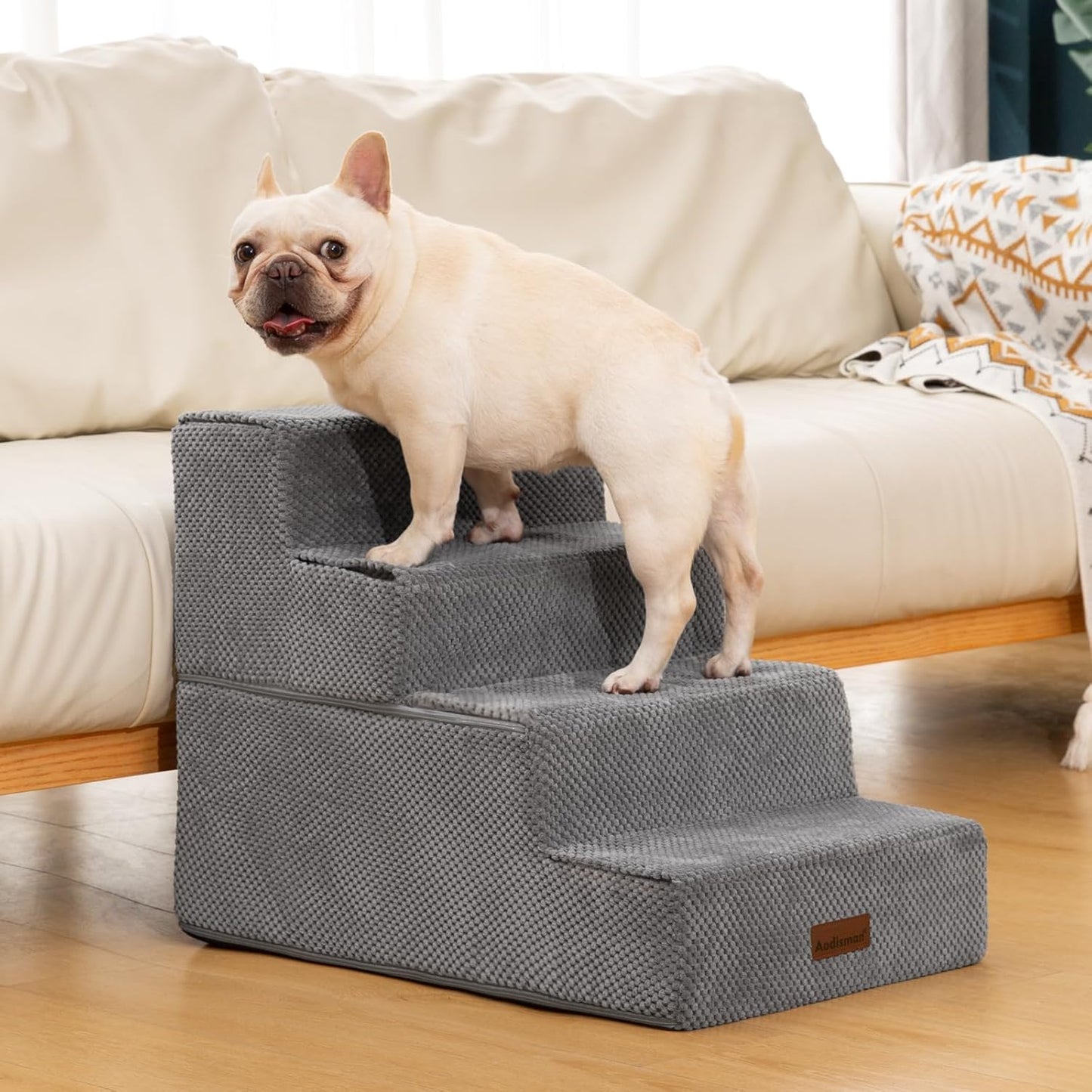 Dog Stairs for Bed 18.5" H, 4-Step Dog Steps for Small Dogs and Cats, Indoor Non-Slip Balanced Pet Stairs are Suitable for Puppy, Older Cat,Gery - Pet Explorer