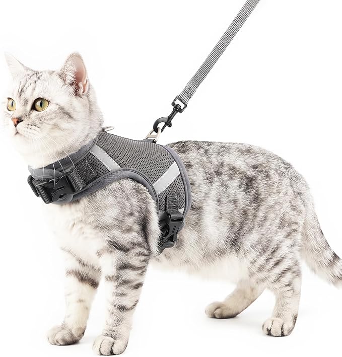 Cat Harness and Leash Escape Proof Kitten Harness Cat Leash for Walking Travel Service Cat Vest, Grey, Large