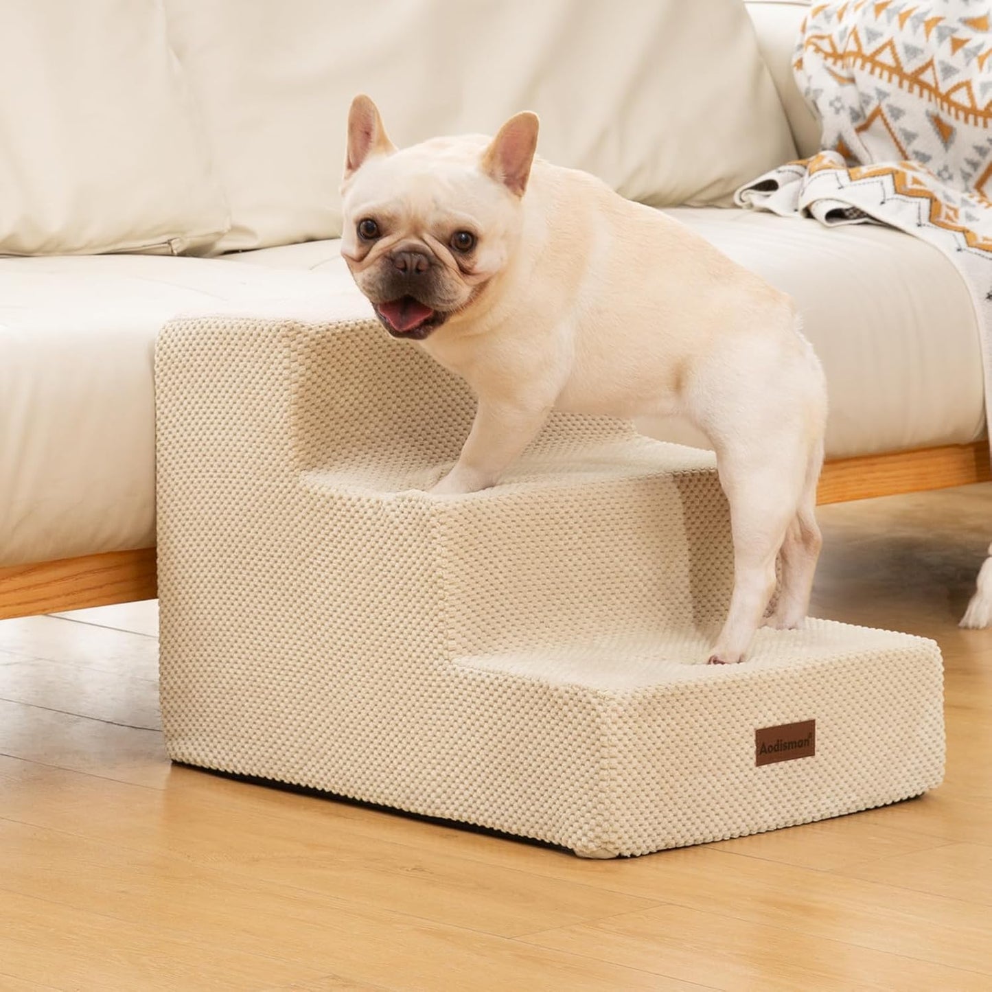 Dog Stairs for Small Dogs & Cats, 3-Step Extra Wide Non-Slip Pet Steps for Couch Sofa and Chair, Beige, 15.7" H - Pet Explorer