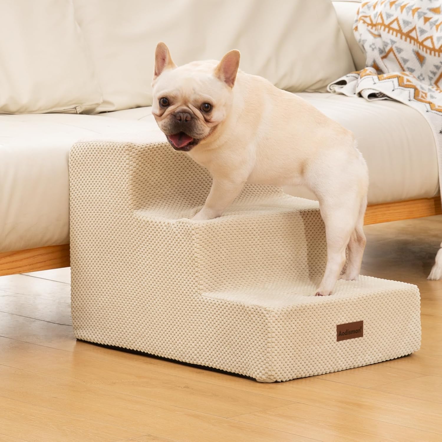 Dog Stairs for Small Dogs & Cats, 3-Step Extra Wide Non-Slip Pet Steps for Couch Sofa and Chair, Beige, 15.7" H - Pet Explorer