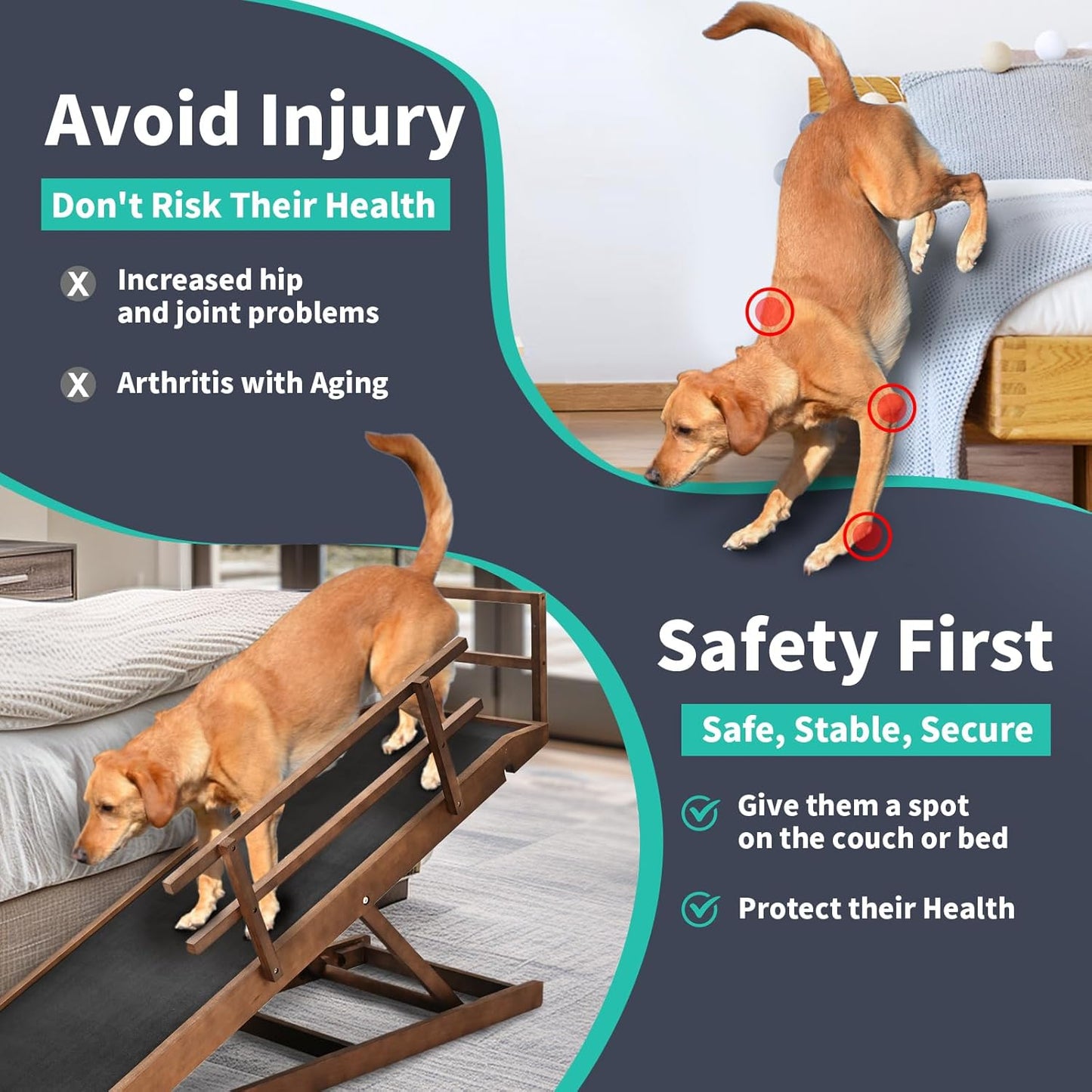 Dog Ramp, 5 Level Adjustable Wooden Folding Pet Ramp for Middle Bed, Couch,SUV-High Traction, Portable Paw Ramps for Small & Large Old Dogs & Cats - Furniture Quality - Pet Explorer
