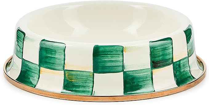 MACKENZIE-CHILDS Enamel Cat Dish, Cute Cat Bowl for Food and Water, Green-and-White Emerald Check