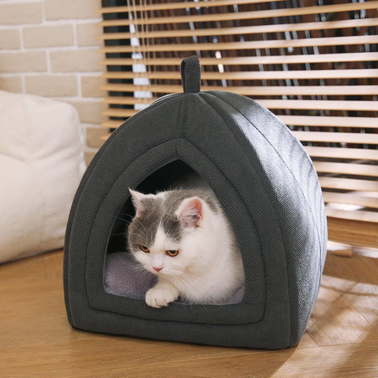 Amazon Basics Cat Cave Bed, 2-in-1 Foldable House for Indoor Cats, with Washable Cushion and Non-Slip Base, 15 x 15 Inches, Small - Pet Explorer