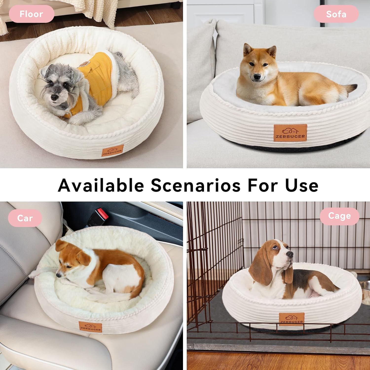 30in Round Dog Bed Sofa for Small/Medium/Large Dogs, Machine Washable Supportive Foam Pet Couch with Washable Removable Mat and Non-Slip Bottom, Pet Cuddler for Indoor/Outdoor/Car/Cage, Cream - Pet Explorer