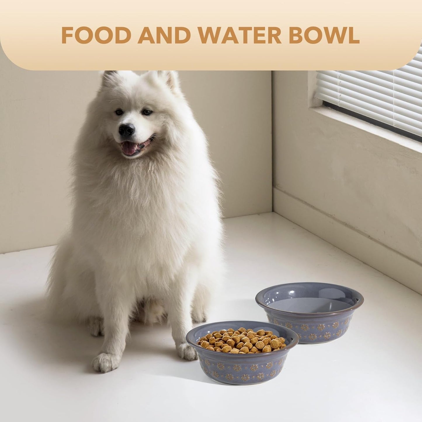Ceramic 8.7inch Dog Bowl for Large Dog, Basic Food and Water Bowl for Replacement, Wide Opening Rounded Edge(Single Bowls, Reactived Glaze -Grey) - Pet Explorer