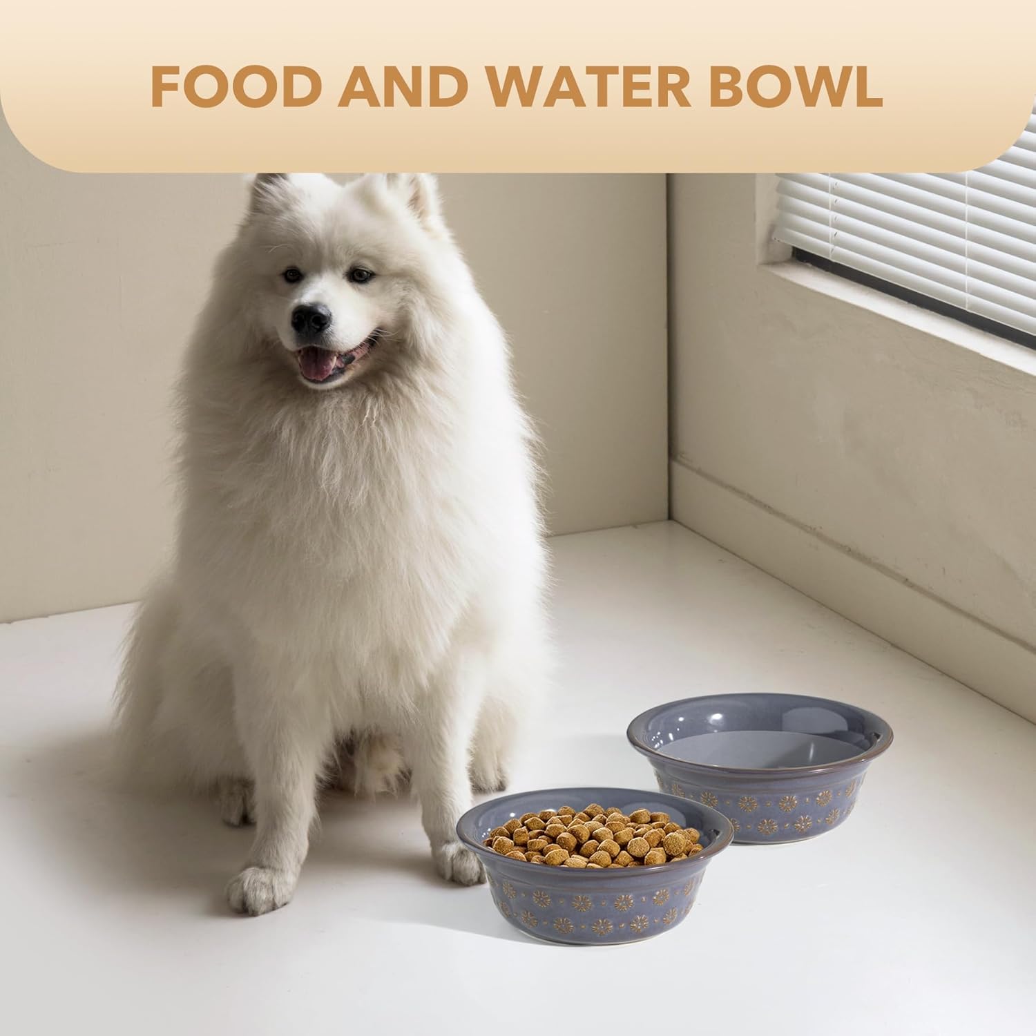 Ceramic 8.7inch Dog Bowl for Large Dog, Basic Food and Water Bowl for Replacement, Wide Opening Rounded Edge(Single Bowls, Reactived Glaze -Grey) - Pet Explorer