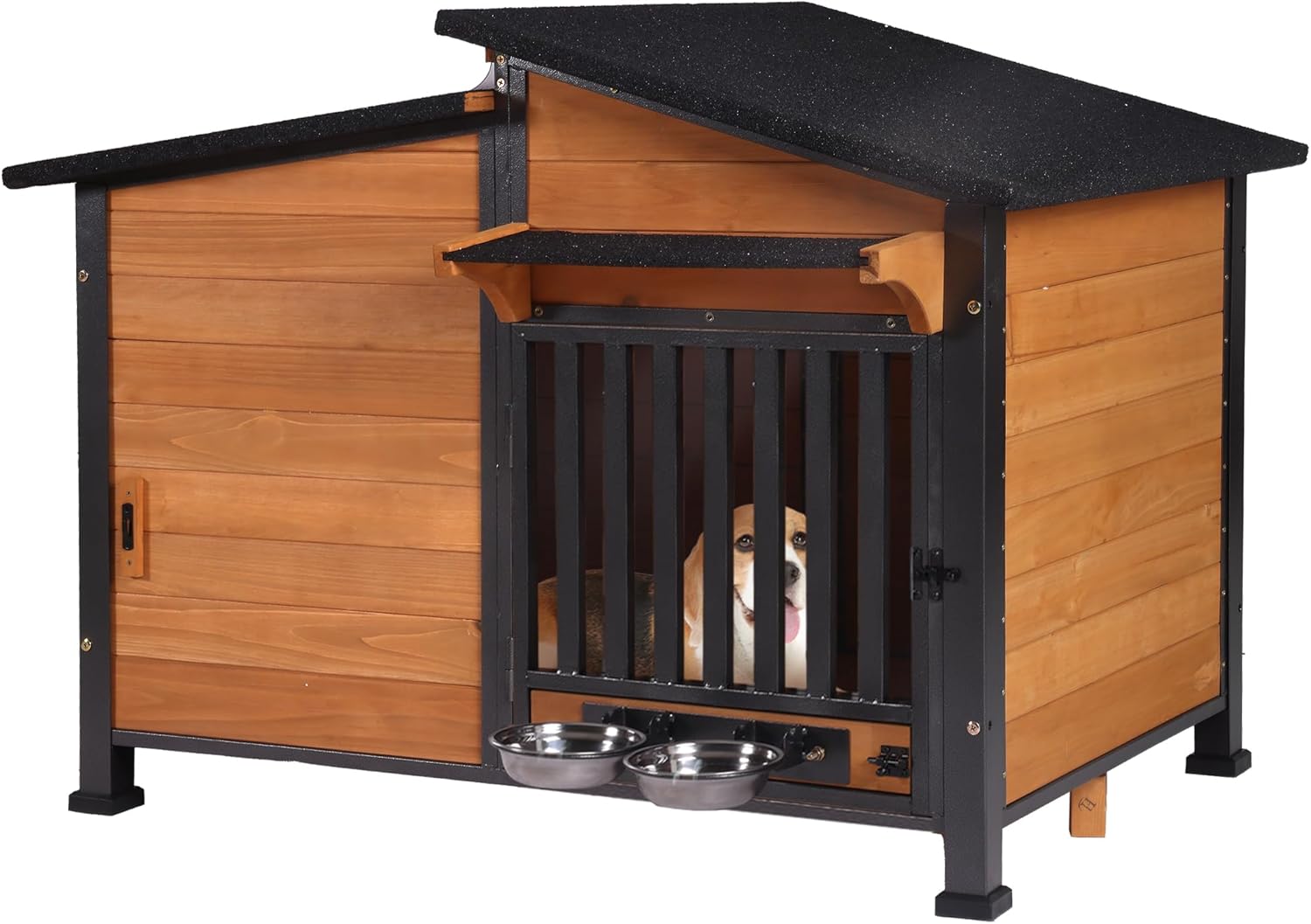GUTINNEEN Dog House Outdoor with Anti-Chewing Metal Frame, Wooden Dog Kennel with 360° Rotating Feeding Bowl, Weatherproof Roof, for Indoor & Outdoor Use - Natural Wood Color - Pet Explorer