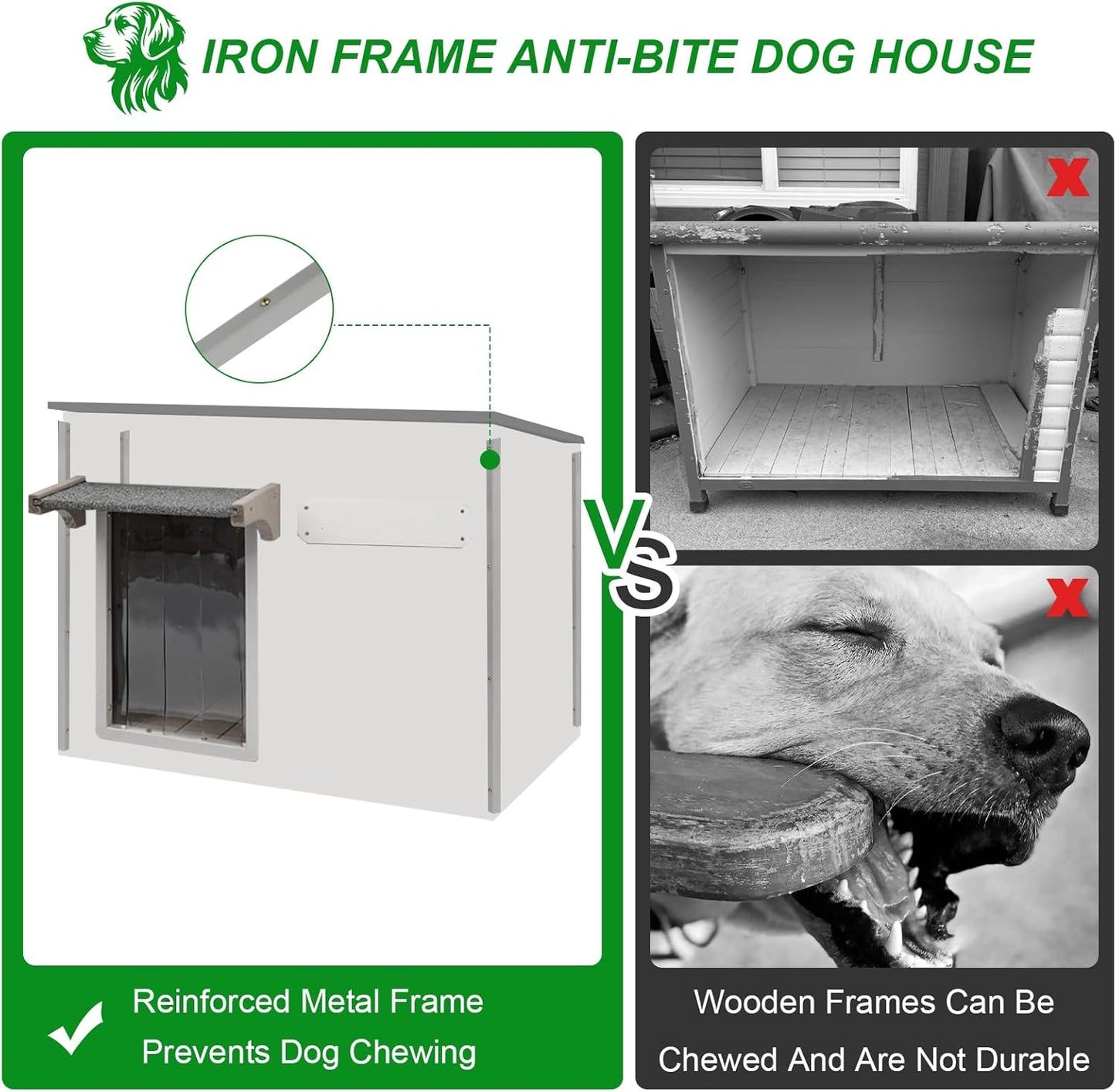 Dog House Outdoor Weatherproof & Wooden Dog Kennel with Chew-Proof Iron Frame，Removable Floor, Adjustable Vent Window, Easy Assembly for Large and Medium Dogs 43.3" D x 29.5" W x 33.5" H - Pet Explorer