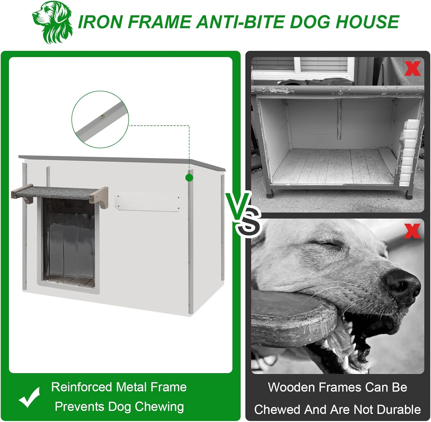 Dog House Outdoor Weatherproof & Wooden Dog Kennel with Chew-Proof Iron Frame，Removable Floor, Adjustable Vent Window, Easy Assembly for Large and Medium Dogs 43.3" D x 29.5" W x 33.5" H - Pet Explorer