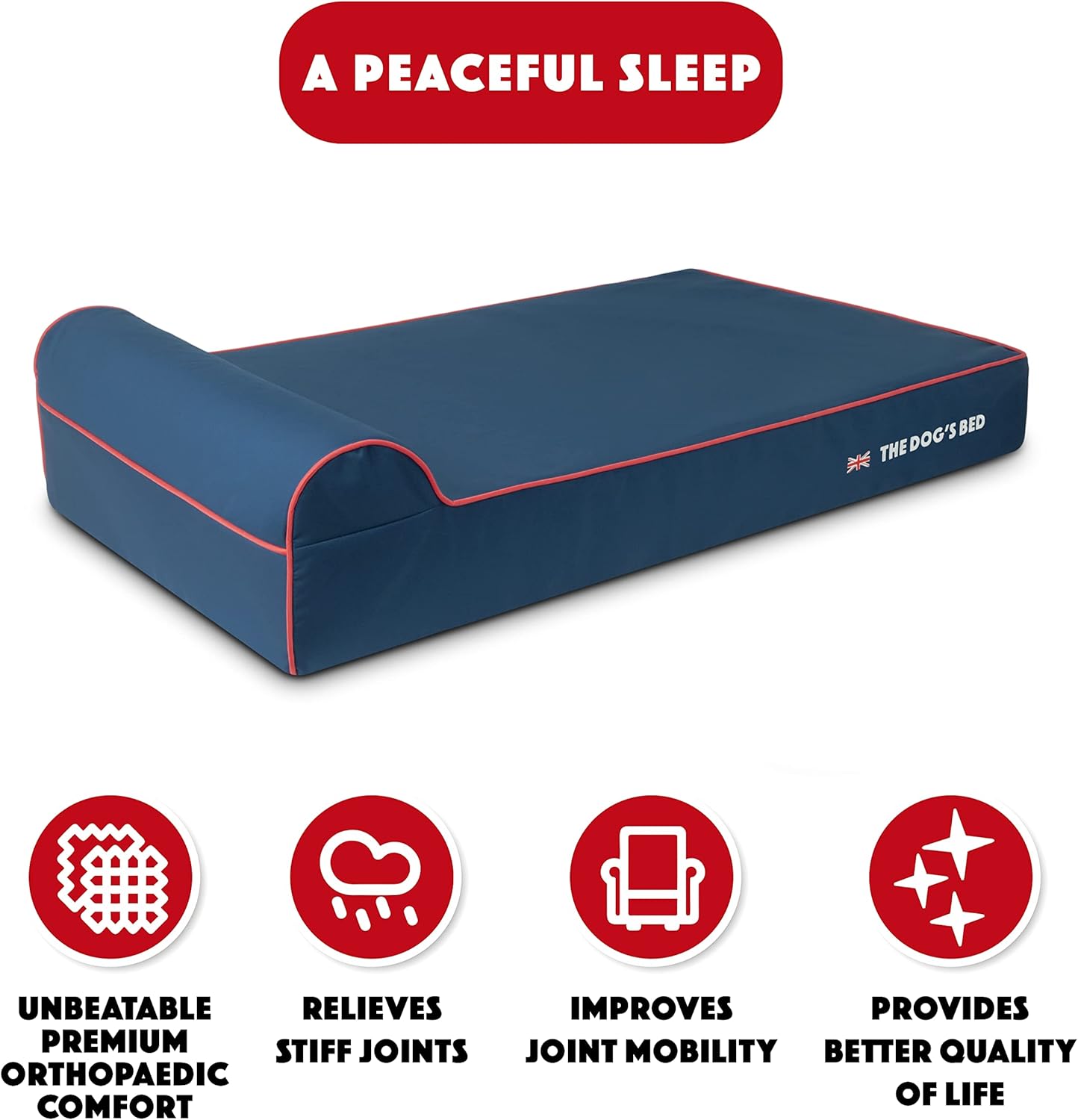 The Dog’s Bed Orthopedic Headrest Dog Bed XL Blue Oxford with Red Trim UK Flag Dog Bed 46x28, Memory Foam, Hip & Elbow Dysplasia, Post Surgery, Veterinary Approved, Waterproof Washable Cover - Pet Explorer