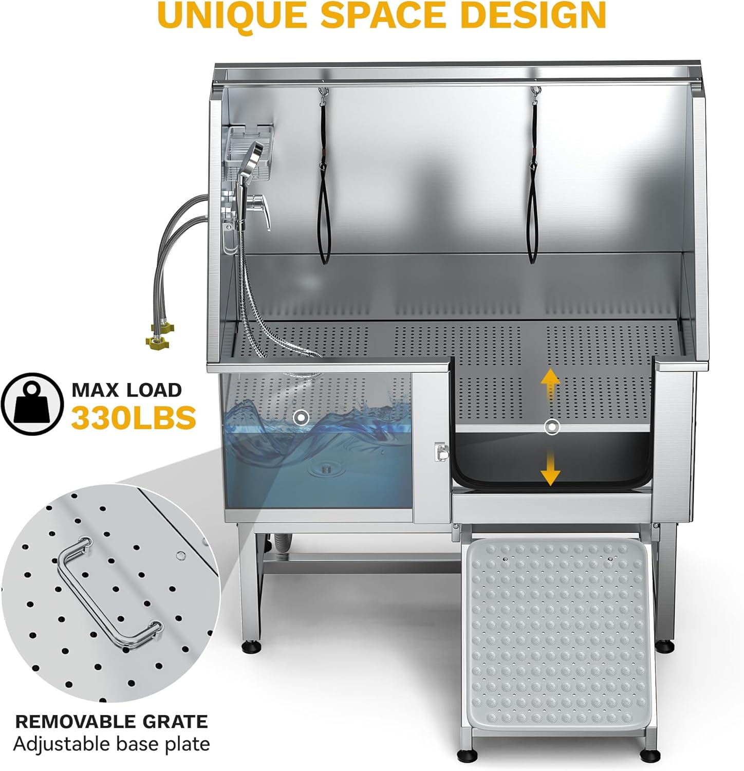DWVO Professional Pet Dog Bathing Station for Grooming, 50'' Dog Grooming Bathtub with Right Ramp, Floor Grate, Faucet, Showerhead & Soap Holder for Large, Medium & Small Pets - Pet Explorer