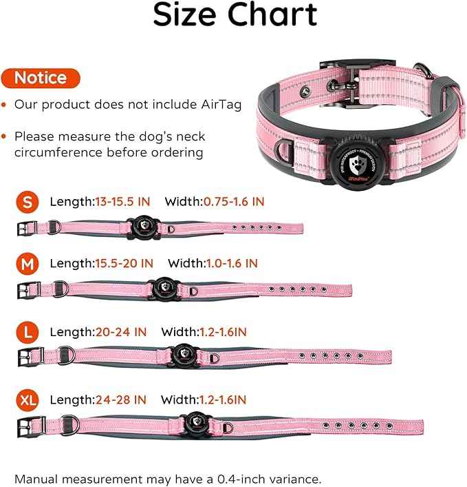 Upgraded AirTag Dog Collar with Holder, Waterproof Reflective Air Tag Dog Collar with Widened Comfortable Padding & Ultra-Durable Metal Buckle, Adjustable for Medium Dogs (M, Pink)