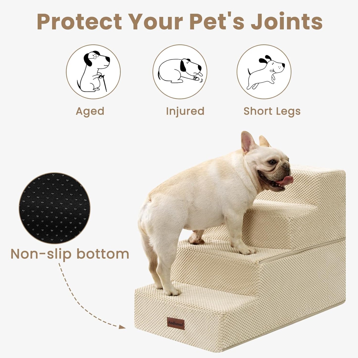 Dog Stairs for Bed 18.5" H, 4-Step Dog Steps for Small Dogs and Cats, Indoor Non-Slip Balanced Pet Stairs are Suitable for Puppy, Older Cat,Beige - Pet Explorer