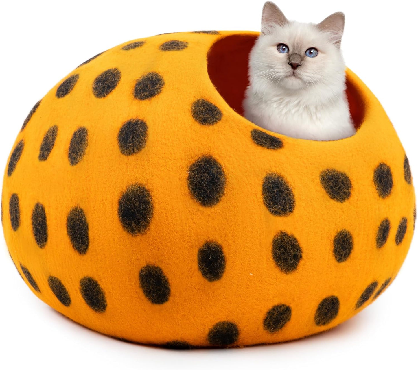 Woolygon Premium Felt Cat Cave Bed - Polka Dot Series - Wool Kitty Beds Handcrafted Kitten Caves Bed for Indoor Cats - Eco-Friendly Merino Wool, Foldable Cat Hideaway Cat Houses (Orange/Black Dots) - Pet Explorer