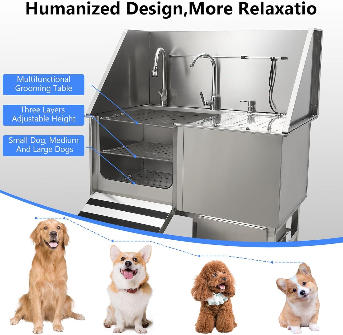 50" Dog Washing Station, Professional Stainless Steel Pet Dog Bathing Station with Ramp, Faucet, Storage Drawer, Floor Grate Dog Bathtub for Large, Medium, Small Pets (Right Ramp) - Pet Explorer