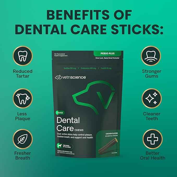VetriScience Healthy Mouth Dental Chews, Perio Plus Sticks for Dogs, with Probiotics, Spirulina & Zeolites, Breath Freshening, Plaque & Tartar Control, Chicken, 30 Count