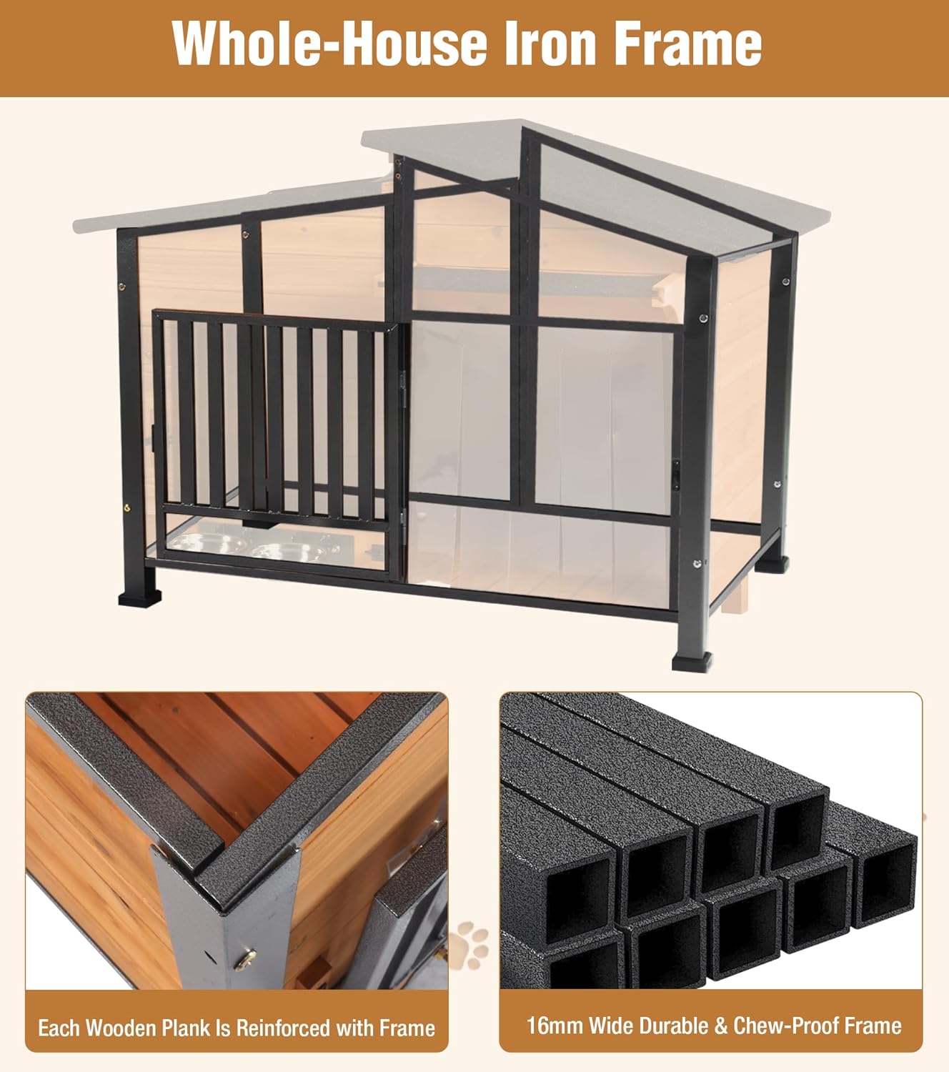 GUTINNEEN Dog House Outdoor with Anti-Chewing Metal Frame, Wooden Dog Kennel with 360° Rotating Feeding Bowl, Weatherproof Roof, for Indoor & Outdoor Use - Natural Wood Color - Pet Explorer