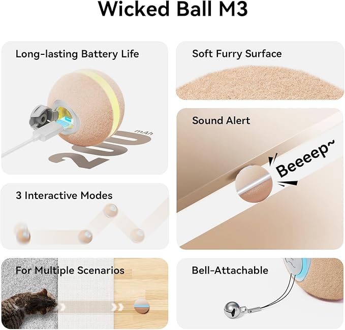 Cheerble Interactive Cat Ball Toy, Wicked Ball M3, Automatic Interactive Cat Toys for Indoor Cats with 3 Modes, Rechargeable Cat Enrichment Toys for Small/Medium/Large Cats to Keep Them Busy